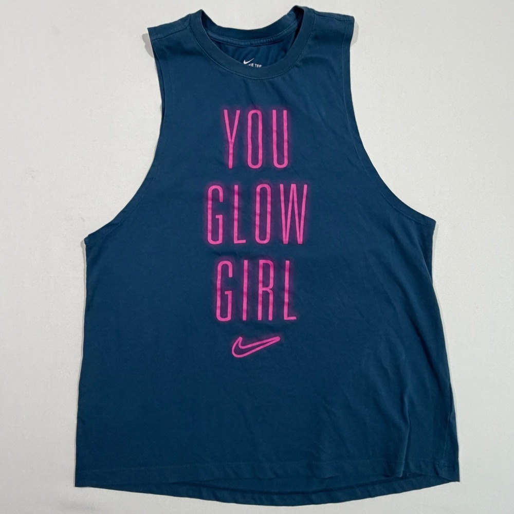 Nike Dri-Fit Womens Muscle Tank Top M Blue You Glow Girl Graphic Athleisure Gym